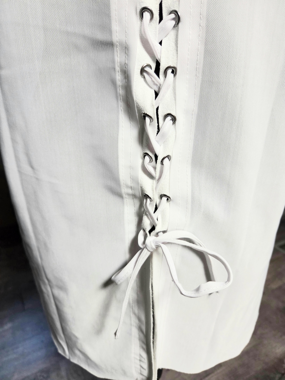 Vocal White Sheer Mesh Lace Up Tank Top With Suede Trim MED - Picture 6 of 11